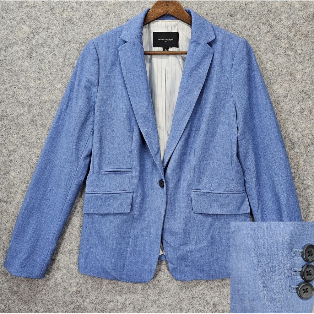 Banana Republic Blazer Womens 4 Small Blue Chambray Cutaway Stretch Preppy Work